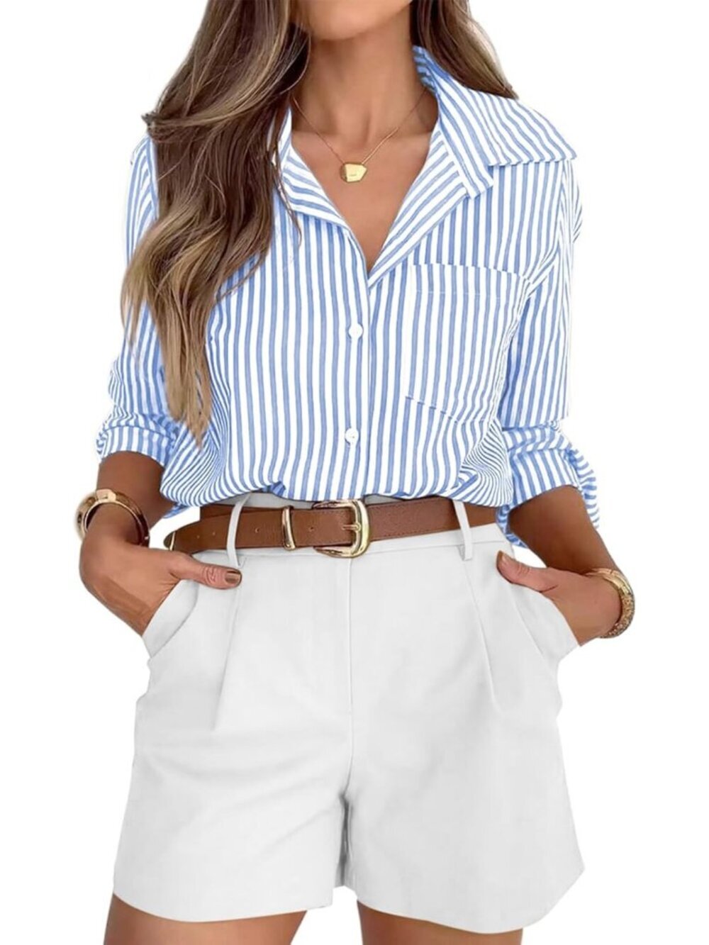 Women's Striped Button Down Dress Shirts Long Sleeves with Pocket Denim Blue